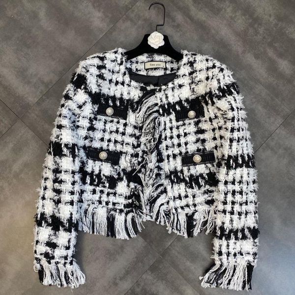 

women's jackets prepomp 2021 winter arrival long sleeve tassel o neck faux pockets black white plaid woolen jacket women cotton coaat g, Black;brown