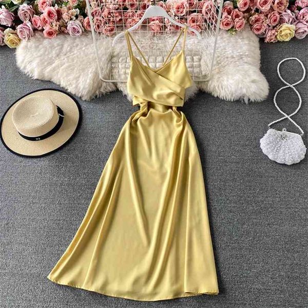 

summer chiffon sling dress holiday style backless a-line es female v- neck elegant slim full bandage waist 210430, Black;gray