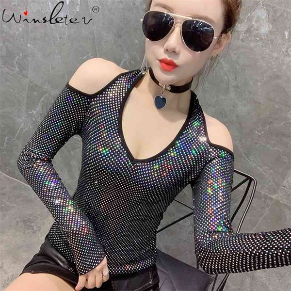 

shiny t shirt halter off-shoulder sequined long sleeve backless for women female slim stretchy t02814b 210421, Black;gray