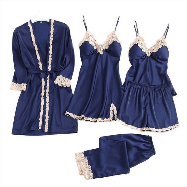 

5pcs kimono gown set womens sleepwears casual satin bride bridesmaid wedding robe sleepwear lace spring summer home clothes, Black;red