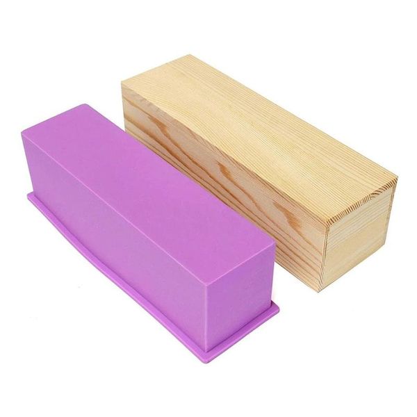 

rectangular silicone mold for artisanal production of 1.2 kg soap, delivered with a purple wooden box craft tools