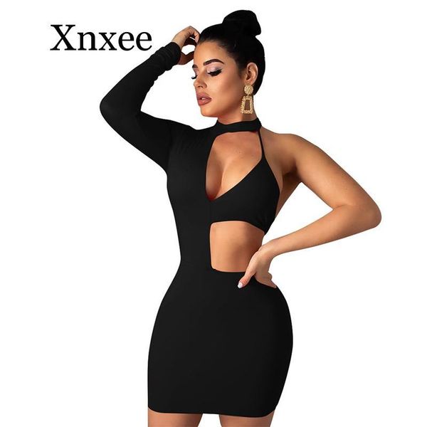 

backless bodycon club party dress women plus size halter solid one shoulder slim short summer long sleeve mini casual dresses, Black;gray