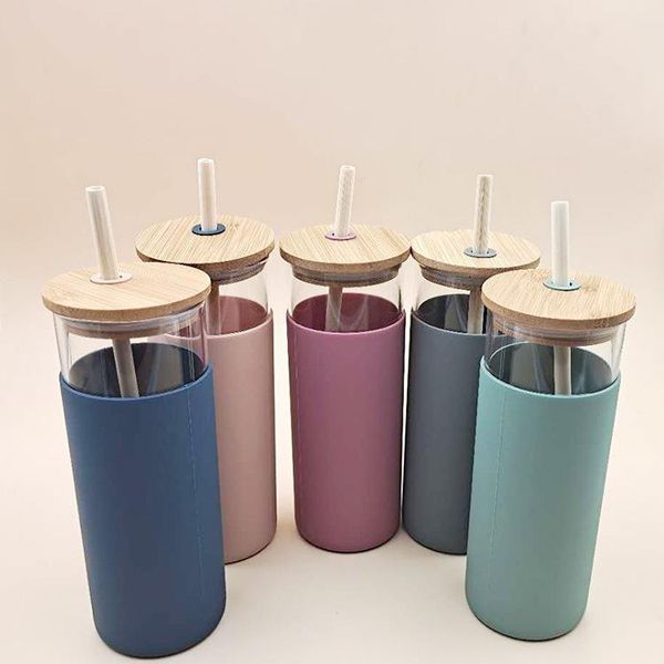 

mugs home glass cups water bottle travel mug with silicone protective sleeve bamboo lid straw drinkware
