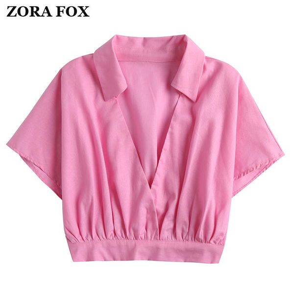

women's blouses & shirts zora woman mini blouse with short sleeve turn-down collar solid color folds elastic waist summer female fashio, White