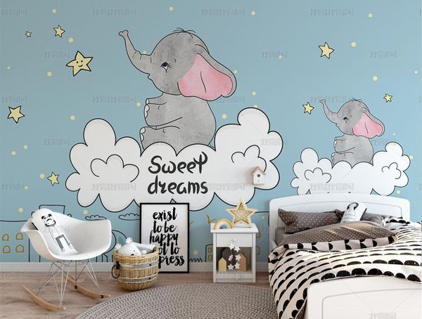 

wallpapers bacal custom 3d wallpaper lovely cartoon elephant blue animal white sky for kid room background wall