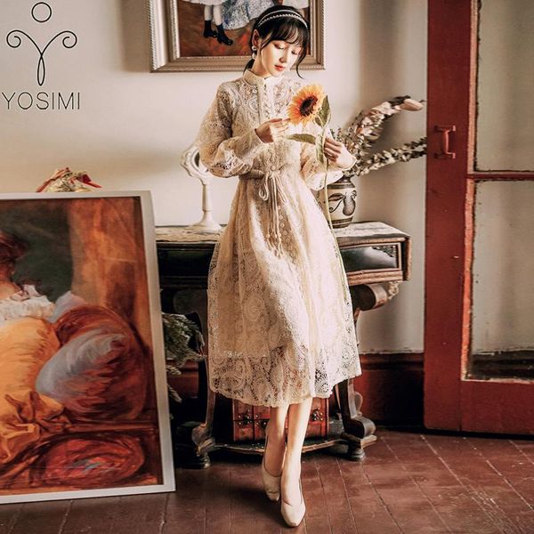 

casual dresses 2021 summer khaki lace long women dress elegant vintage stand-neck a-line mid-calf evening party sleeve female vestidos, Black;gray