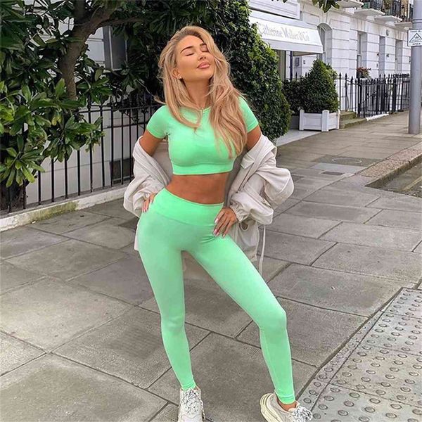 

sporty tracksuit women casual solid short sleeve crop and leggings elastic skinny fitness workout active wear fashion sets, Gray