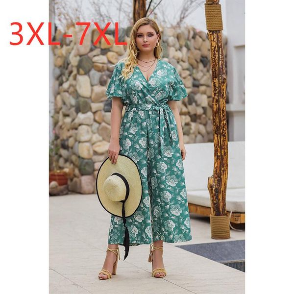 

women's jumpsuits & rompers 2021 summer plus size jumpsuit for women short sleeve loose green floral print flower v neck long 4xl 5xl 6, Black;white
