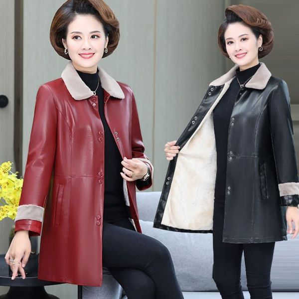 

mother's medium long coat, female 50-year-old 60 leather jacket, middle-aged elderly women's winter clothes, plush and, Black