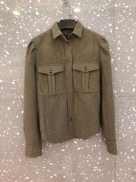 

women's wool & blends womens woolen short coat long puff sleeve turn-down collar jacket lady single-breasted green autumn winter pocket, Black