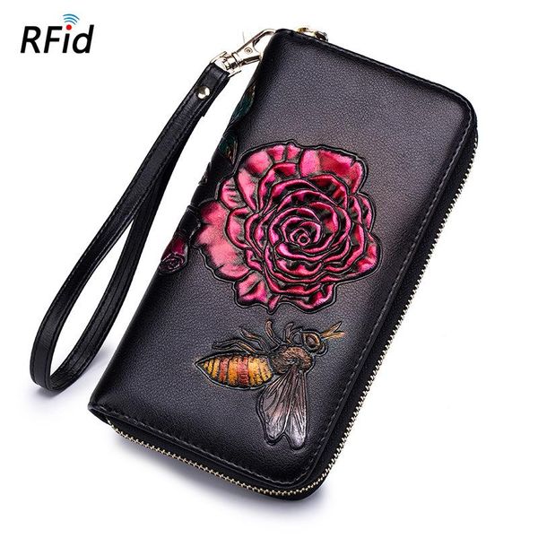 

wallets rfidwomen and purses mid length flower wallet zipper multi-functional hand holding bag with clip on mobile phone, Red;black