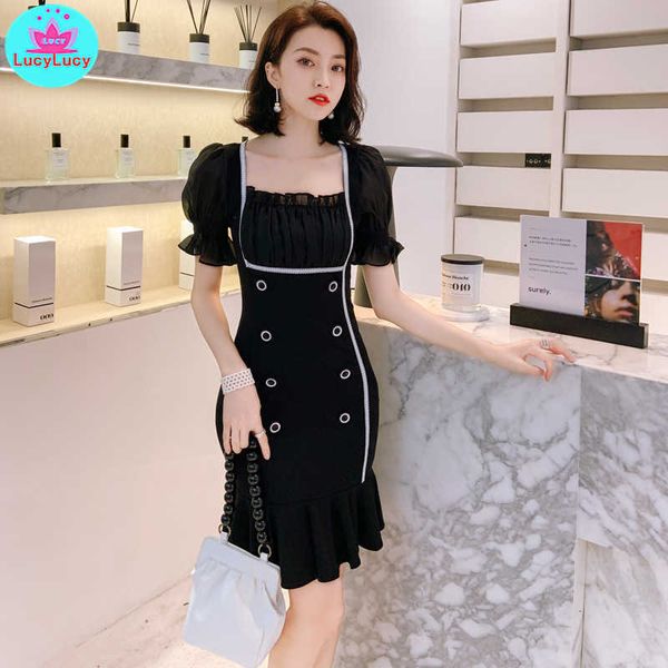 

summer korean temperament ladies double-breasted slim slimming fishtail dress knee-length lantern sleeve 210603, Black;gray