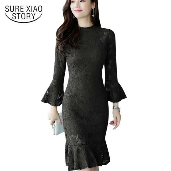 

autumn women office lady lace dress korean slim c926 30 210506, Black;gray