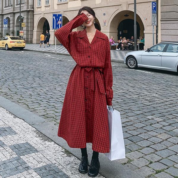 

casual dresses nsmw mi 2021 spring autumn women dress korean loose red plaid single-breasted mid-length fashion all-match d05, Black;gray