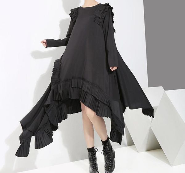 

casual dresses europe and america autumn winter long sleeve gothic punk black irregular dress woman loose fashion ruffles female, Black;gray