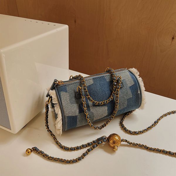 

niche design denim chain fashion wild beggar cylinder summer trend shoulder messenger bags
