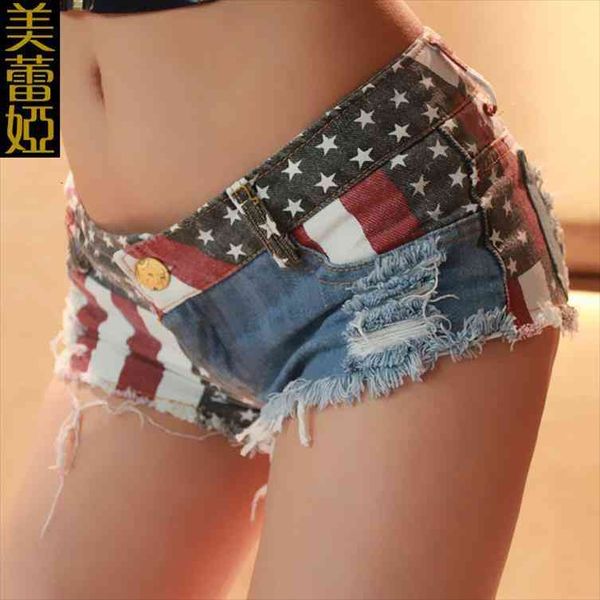 

low rise american flag print womens jeans ripped denim shorts mini summer style, Blue