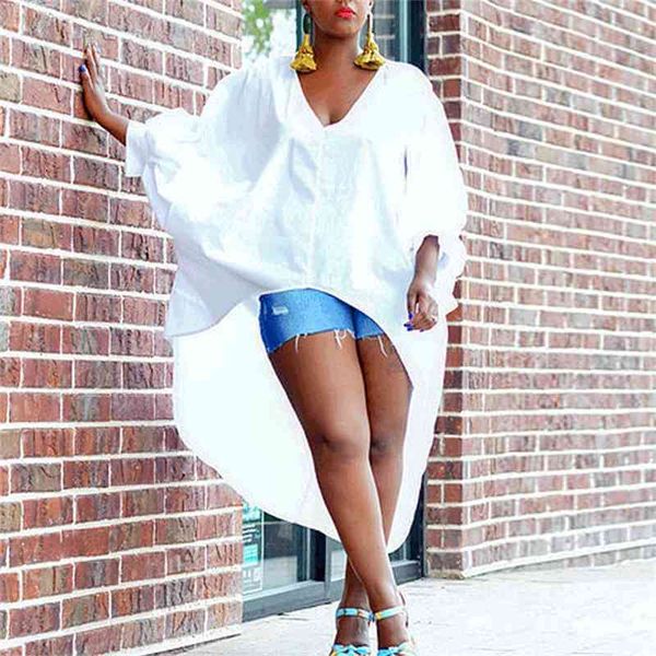 

women blouse shirt v neck high low batwing sleeves oversized loose casual fashion summer plus size ladies printed bluas 210416, White