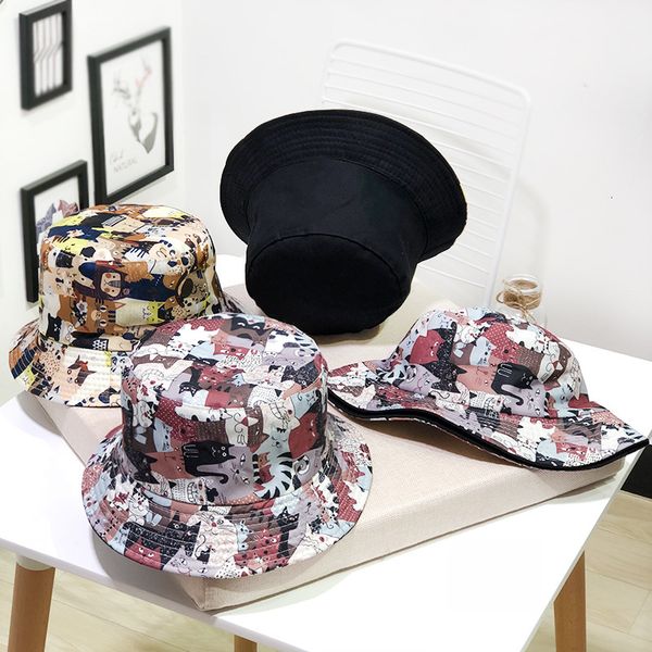 

fisherman's female summer designer versatile art double side sun cartoon graffiti cat basin lovers hat