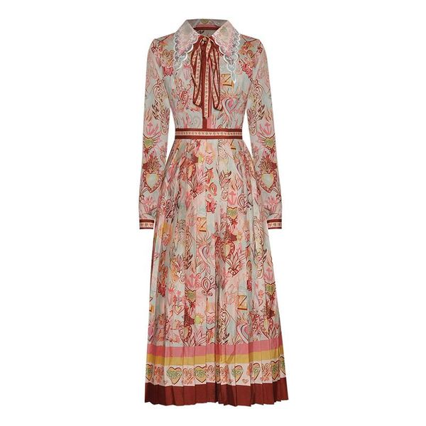 

women spring clothes embroidery floral turn-down collar string lace up buttons closure long sleeve pleated plus size midi dress casual dress, Black;gray