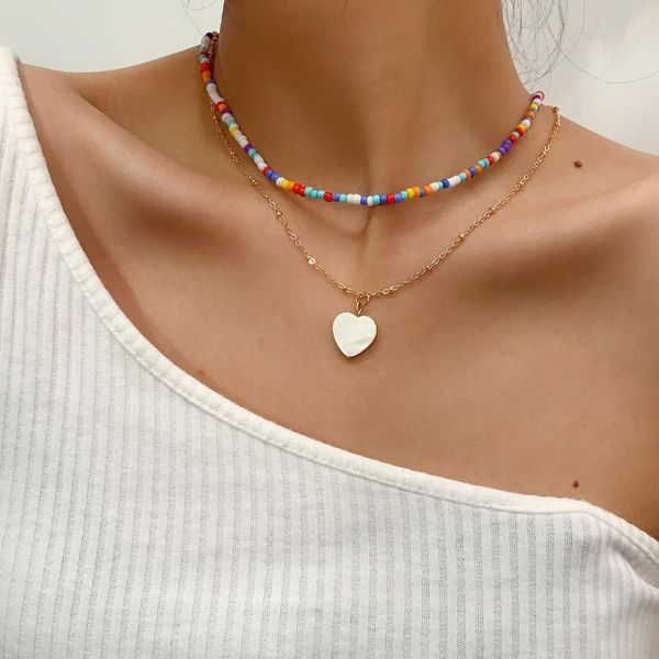 

chains boho rainbow seed bead chain necklace summer beach punk multilayer resin white color love heart pendant choker for women jewelry, Silver