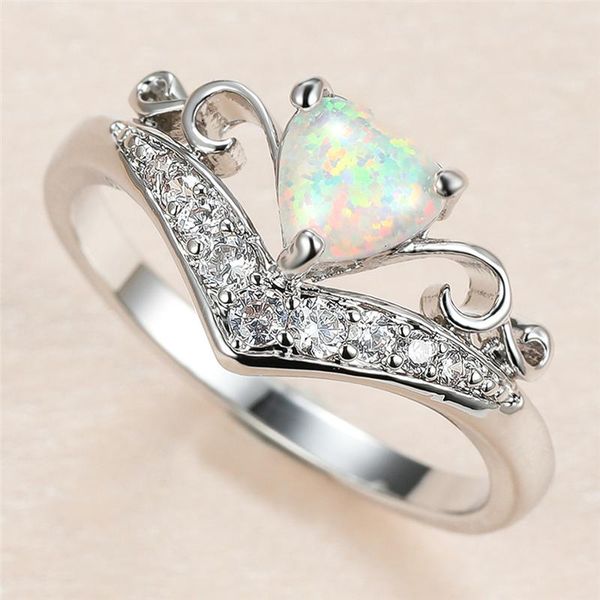 

Cute Heart Stone Ring White Fire Opal Rings For Women Wedding Jewelry Vintage Fashion Silver Color Female Engagement Gifts, Slivery;golden