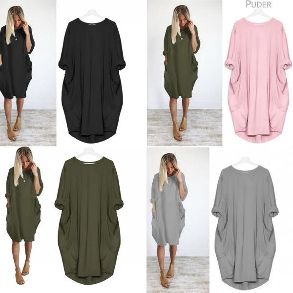 

women's wear middle dresses long sleeve autumn fashional solid color leisure time round neck pocket female one piece skirt 15cf y2, White
