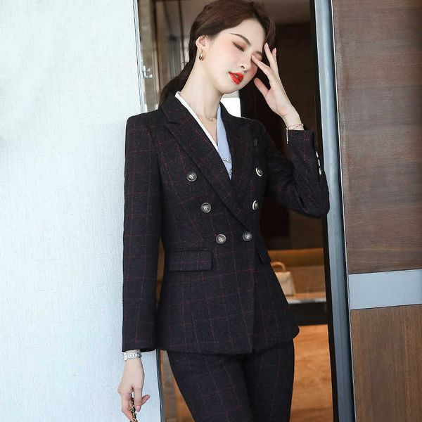 

plus size women's professional suit pants 2-piece set autumn and winter fashion plaid ladies jacket slim trousers 210527, White