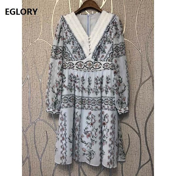 

casual dresses 2021 spring summer runway style dress women v-neck elegant flower print white lace patchwork long sleeve blue female, Black;gray