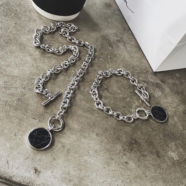 

chains 5pcs/lot wholesale minimalist casual chain necklaces for women round marble pendants hiphop fashion jewelry necklace in bulk, Silver