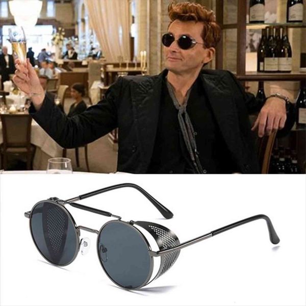 

industrial steampunk style alloy frame sunglasses for men boys vintage round lenses sun glasses cosplay good omens demon crowley, White;black