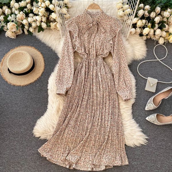 

women korean chiffon dress o neck puff sleeve elastic ruffle a line dress autumn casual elegant pleated print dress 210419, Black;gray
