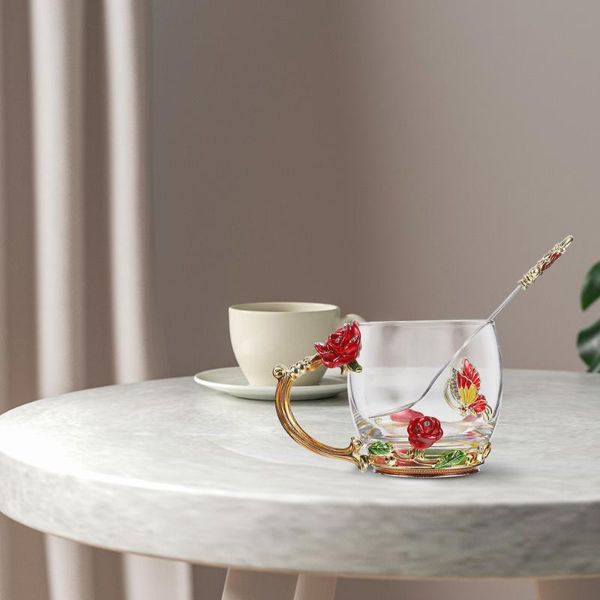 

set 330ml enamel flower coffee cup mug tea glass drinking with spoon mugs