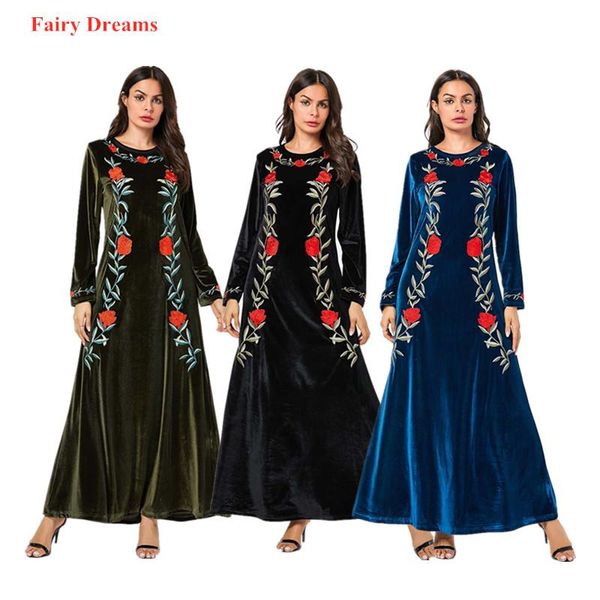 

velvet abaya robe pakistan dubai turkey bangladesh plus size islamic clothes flowers kaftan long sleeve women muslim maxi dress ethnic cloth, Red