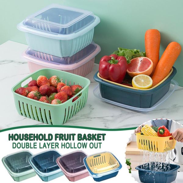 

kitchen thickened double-layer drain basket with lid household convenient vegetable and fruit fresh-keeping storage box baskets