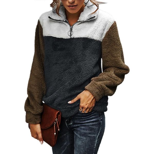 

women's hoodies & sweatshirts color patchwork teddy fluffy casual long sleeve zipper pullover sweatshirt fall 2021 women clothing, Black