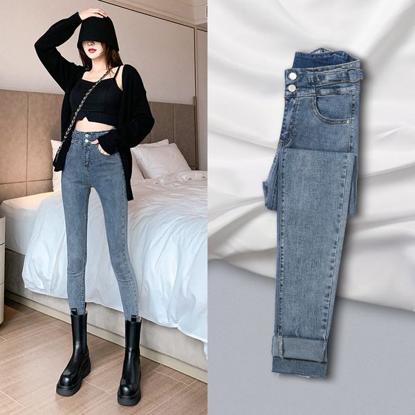 

women's jeans small leg 2021 spring and autumn high waist slim tight elastic recovery pencil pants, Blue