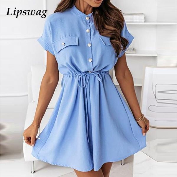 

casual solid single-breasted mini dress summer fashion short sleeve dress women elegant dstring lace-up party dress vestidoshigh quality, Black;gray