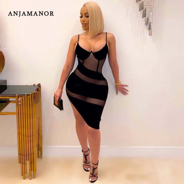 

mesh patchwork bandage dresses for women 2021 party club wear black deep v neck asymmetric bodycon dress d35-cf17 casual, Black;gray