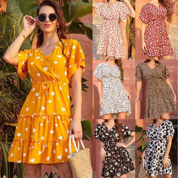 

casual dresses 2021 summer women floral print dress boho mini beach v-neck short sleeve ladies party vestido femme, Black;gray