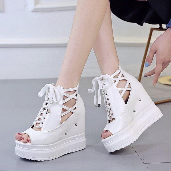 

12cm woman height increasing sandals 2021 summer women concise platform shoes fashion thick bottom wedges, Black