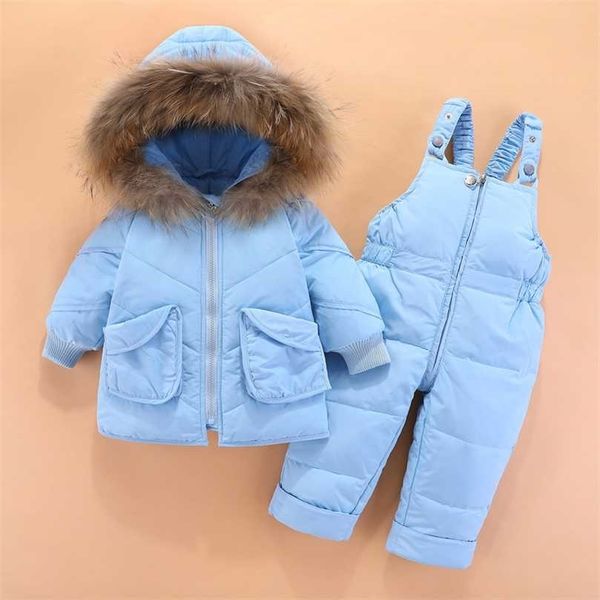 

winter children clothing sets snow suit jackets + jumpsuit 2pcs set baby boy girls duck down coats toddler girl clothes 211027, Blue;gray