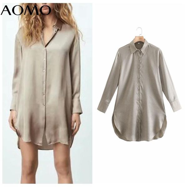 

casual dresses aomo 2021 fashion women solid loose satin dress long sleeve ladies vintage shirt xn72a, Black;gray