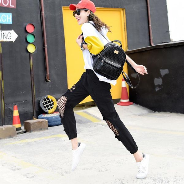 

women's jeans loose fish net jean pants womens ripped boyfriend harem woman summer street wear black denim with hole, Blue