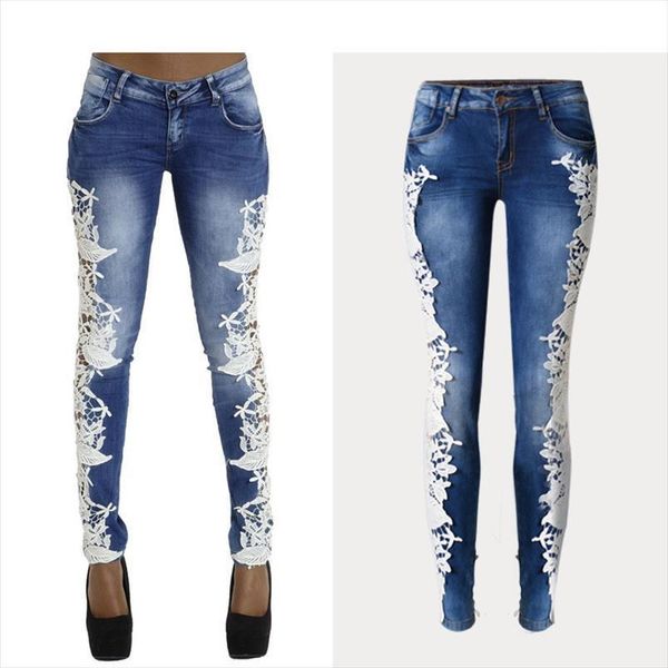

mid waist jeans with women capri lace hollow out stitching fashion full length stretchable tights skinny denim date femme, Black;white