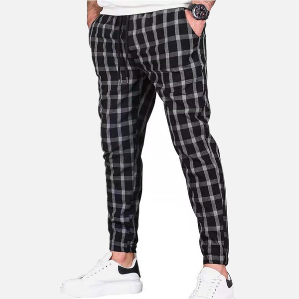 

men's pants spring autumn fashion plaid mens skinny pencil slim mid waist drawstring trouser men loose casual jogger long, Black