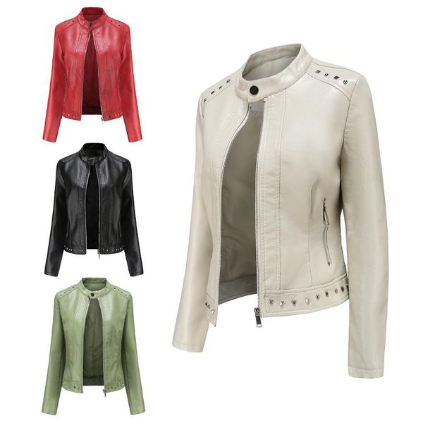 

women's leather & faux 2021 rivet fashion stand collar solid color leisure jacket spring and autumn slim coat, Black