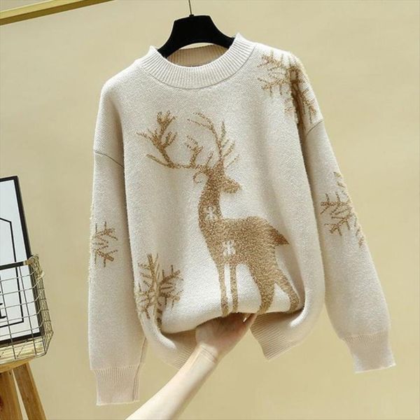 

winter fashion deer snowflake christmas womens sweaters women coat long wool knitted korean loose pullover, White;black