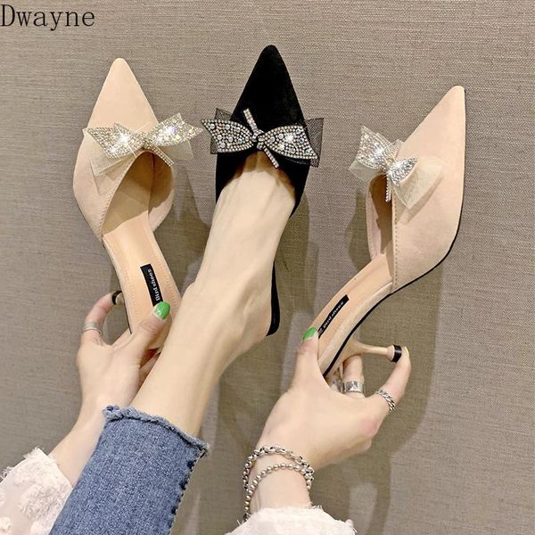 

slippers female 2021 wild pointed rhinestone bow half drag, Black