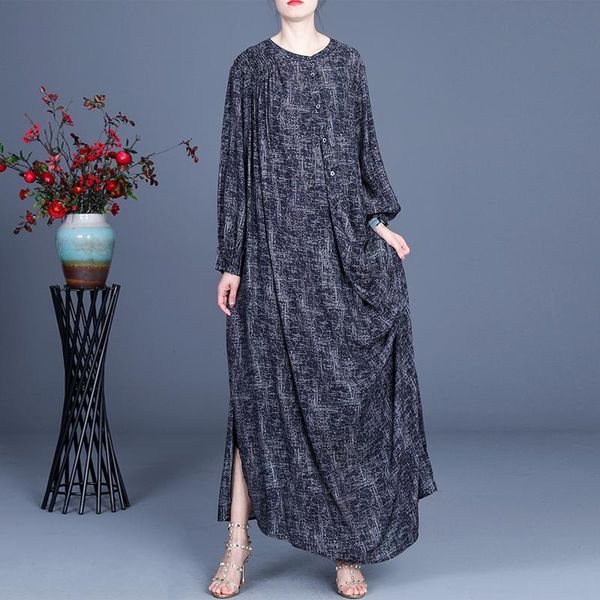 

casual dresses johnature women irregular dress silk linen o-neck long sleeve button street trendsetters clothes 2021 spring pleated, Black;gray